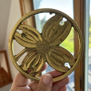 Vintage 1950 H. Burns Dogwood Trivet 5" Heavy Brass MCM
